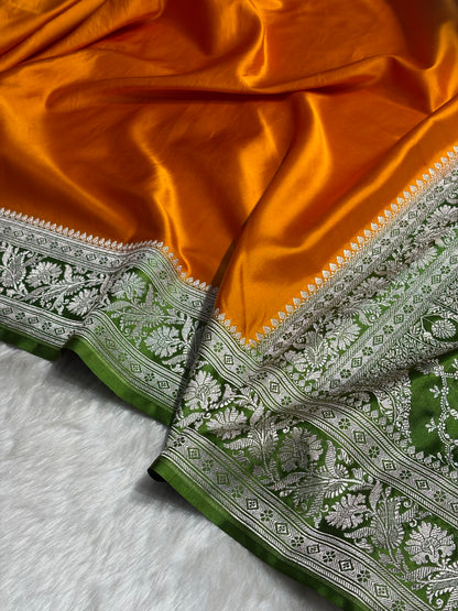 Contrast Orange with Green Border Plain Mashru Silk Saree MS22