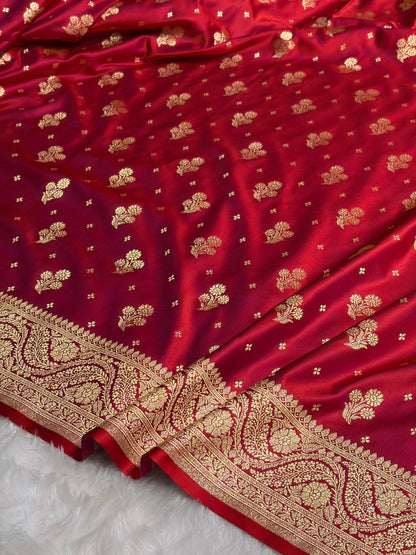 Magentic Red Floral Unique Boota Pattern Satin Katan Silk Saree SK73