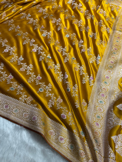 Mustard Minakari Banarasi Cross With Browm edges Mashru Silk Saree MS01