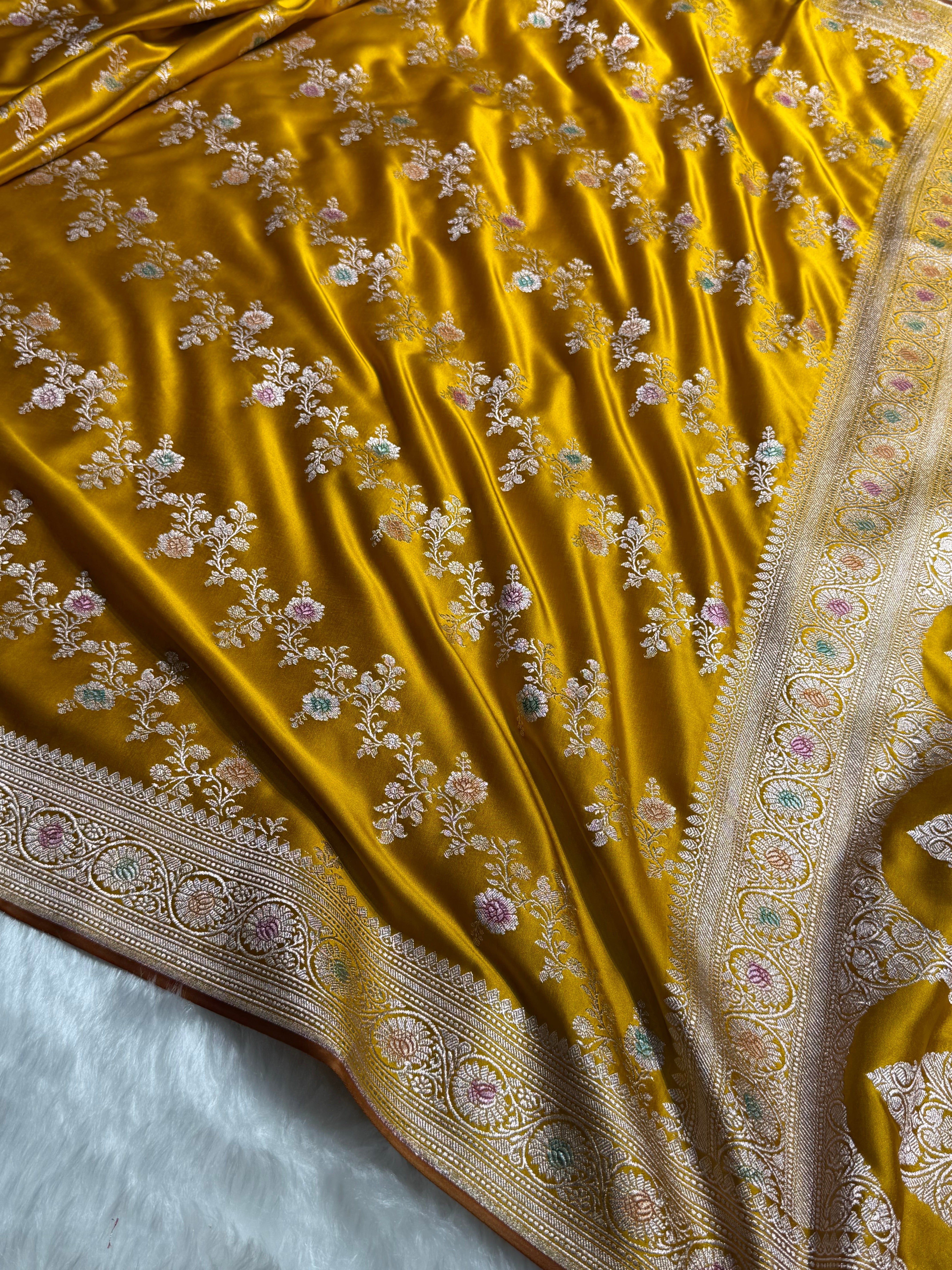 Mustard Minakari Banarasi Cross With Browm edges Mashru Silk Saree MS01