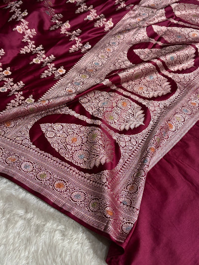 Wine Minakari Banarasi Cross Mashru Silk Saree MS01
