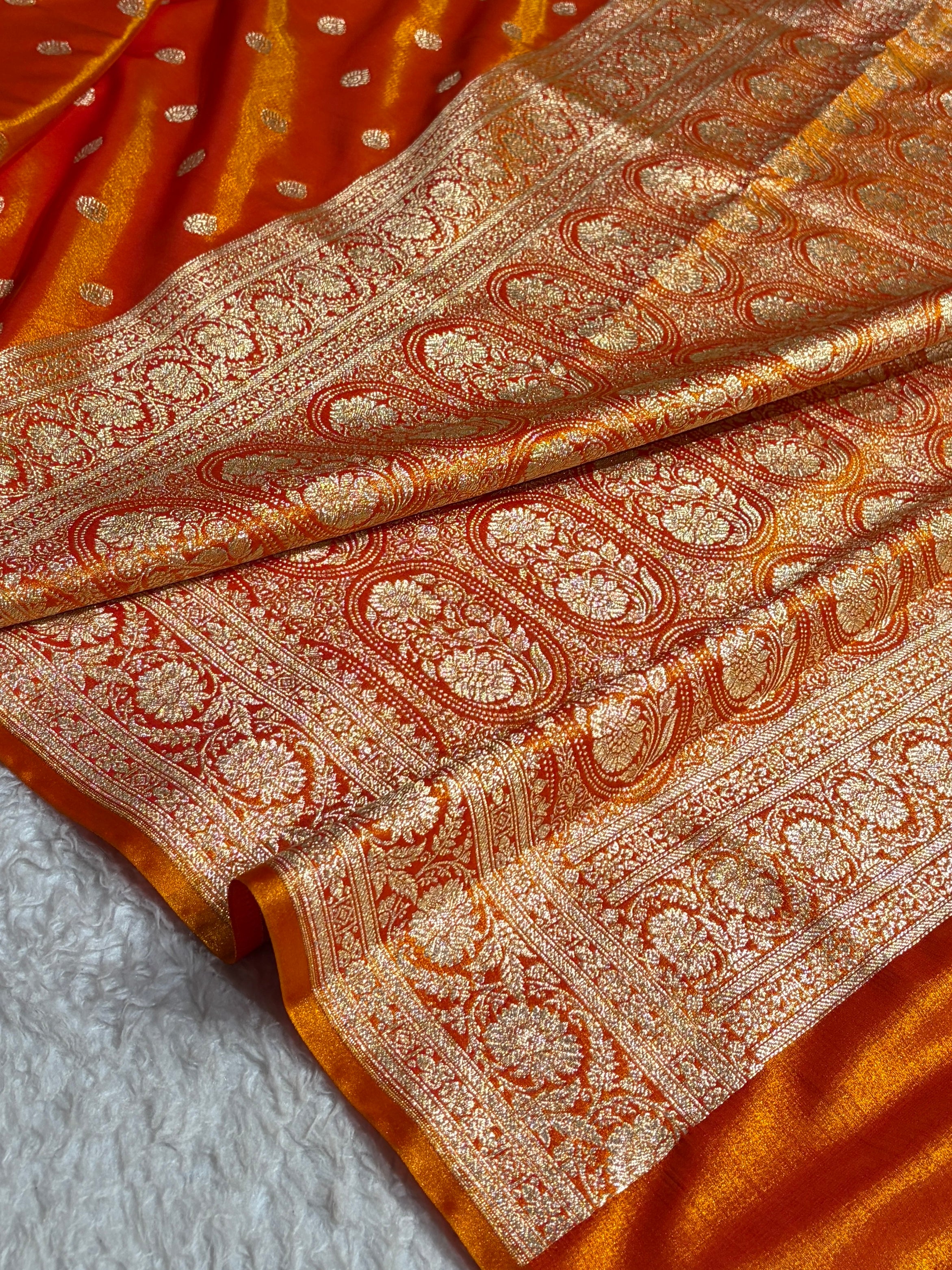 Orange Gold Shades Boota Pattern Banarasi Satin Silk Saree SS45