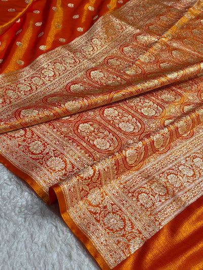 Orange Gold Shades Boota Pattern Banarasi Satin Silk Saree SS45