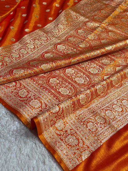 Orange Gold Shades Boota Pattern Banarasi Satin Silk Saree SS45