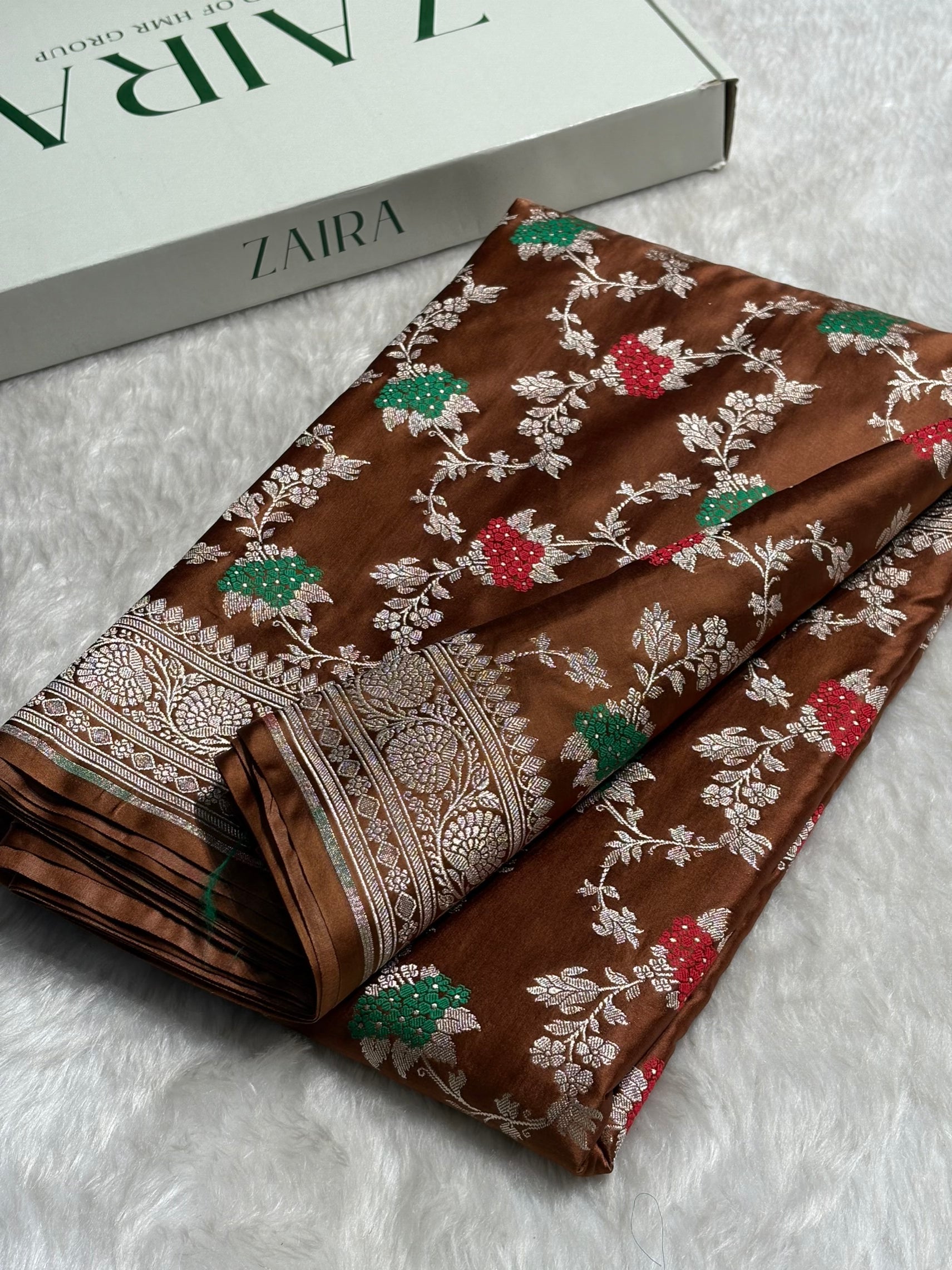 Dark Rust Shades Jaal Pattern Mashru Silk Saree
