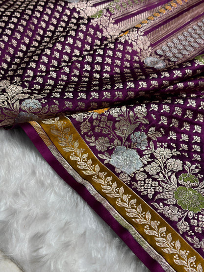 Banarasi Wine Shades Floral Minakari Skirt Border Mashru Silk Saree MSM-83