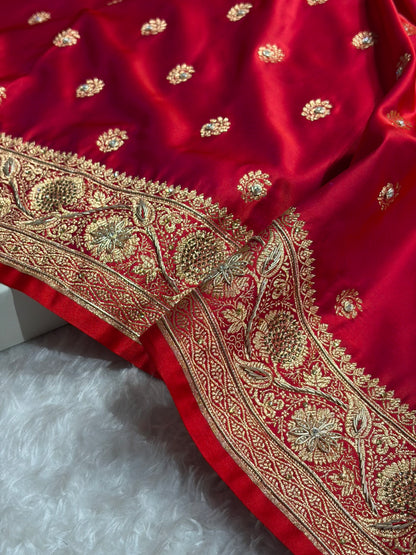 Banarasi Cross Red Work Pattern Satin Katan Silk Saree BSK72