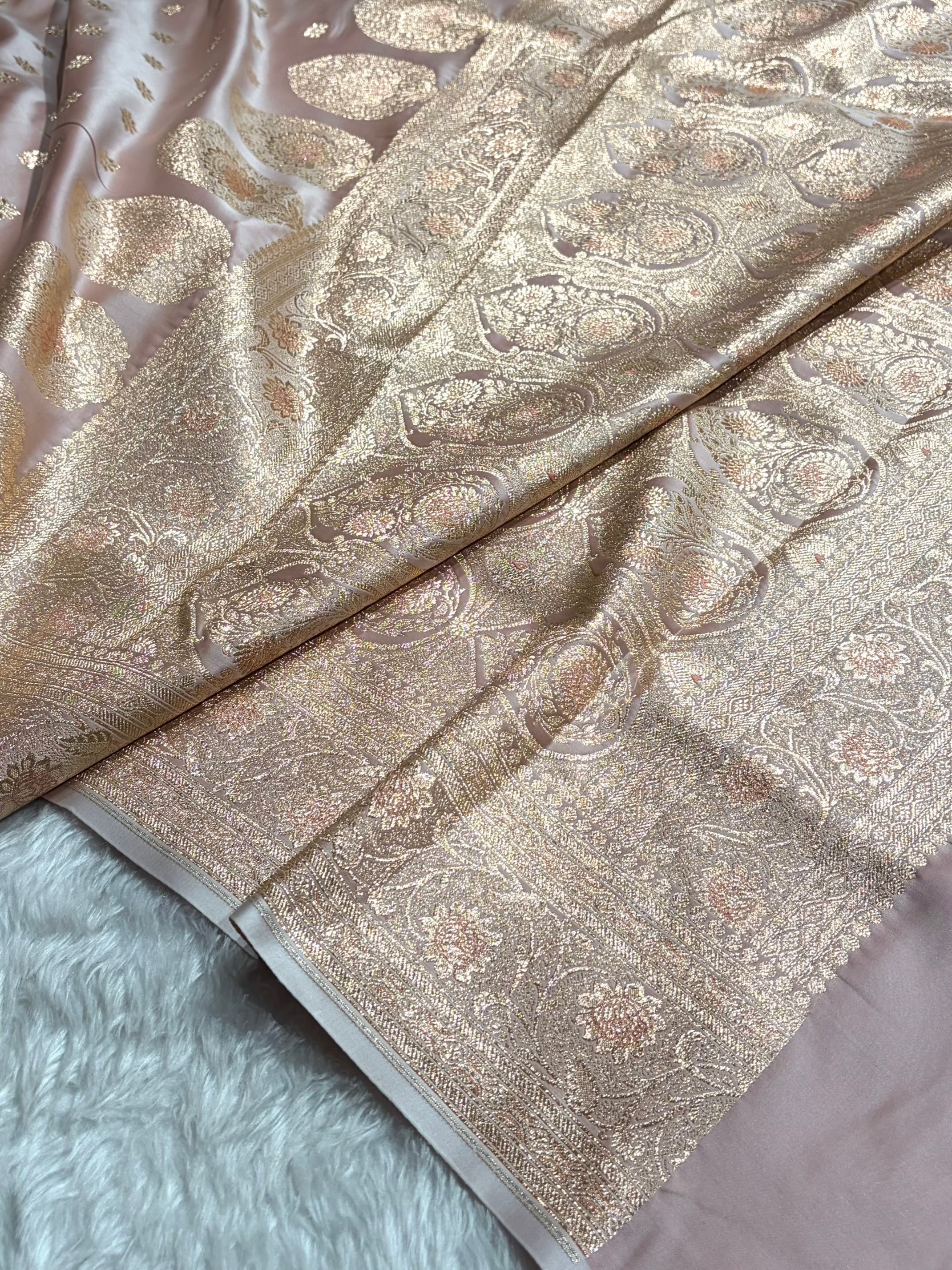 Rose Gold Banarasi Minakari Boota Katan Silk Saree