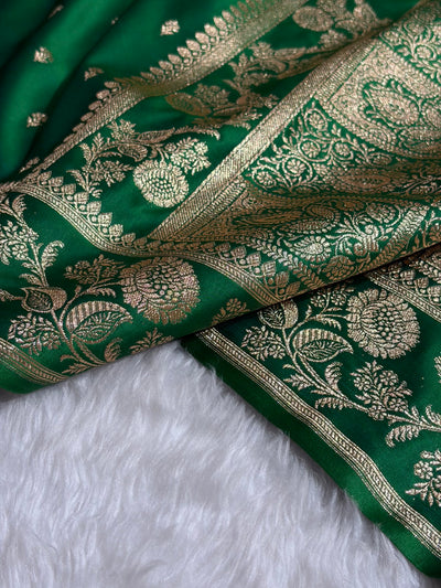 Banarasi Cross Green Shades Floral Pattern Satin Katan Silk Saree SK77