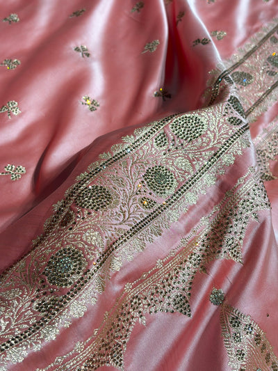 Banarasi Baby Pink Booti With Swarovski Work Katan Silk Saree BSK09