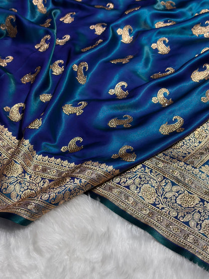 Satin Silk Saree Swarovski Work Floral Boota in Peacock Shades BSS27