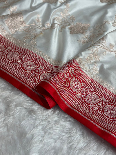 Banarasi Contrast White / Red Shades Jaal With Mashru Silk Saree MCS63