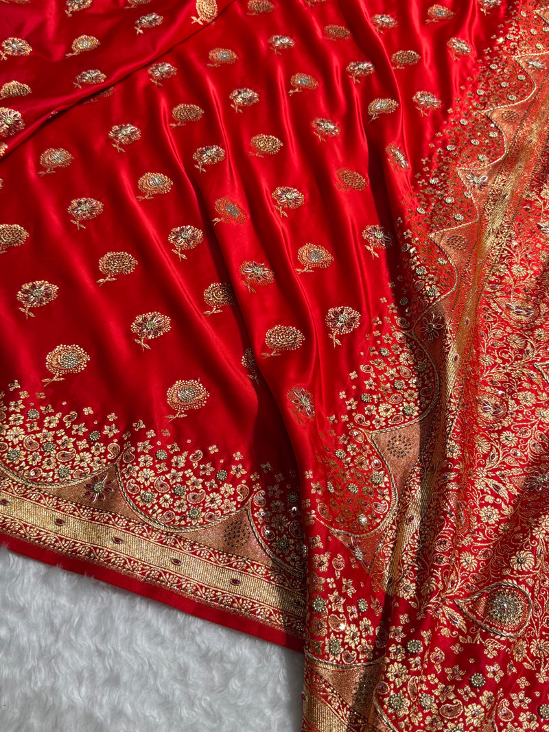 Banarasi Satin Katan Saree With Ari & Zardozi Work Boota in Red Shades BSK111