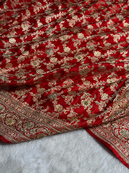 Bridal Red Pure Katan Silk Banarasi Saree with Zardozy, Ari and Stone work  PBSK01