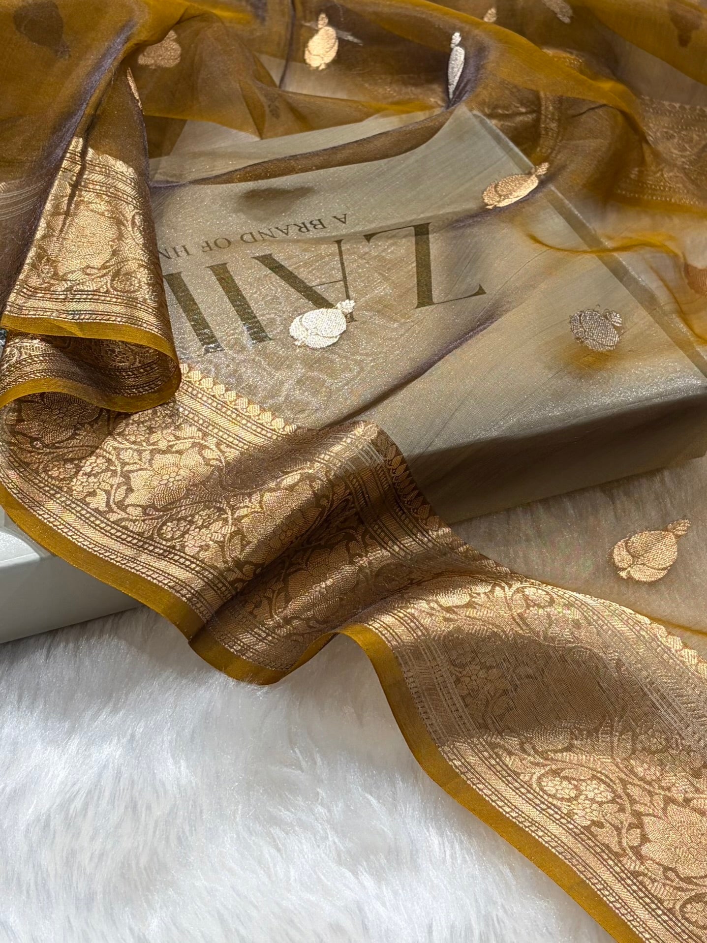 Dark Mustard Bananasi Floral Shades Pure Tissue Silk Saree PT-38
