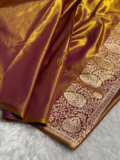 Satin Silk Saree Floral Boota in Magentic Gold Shades SS28