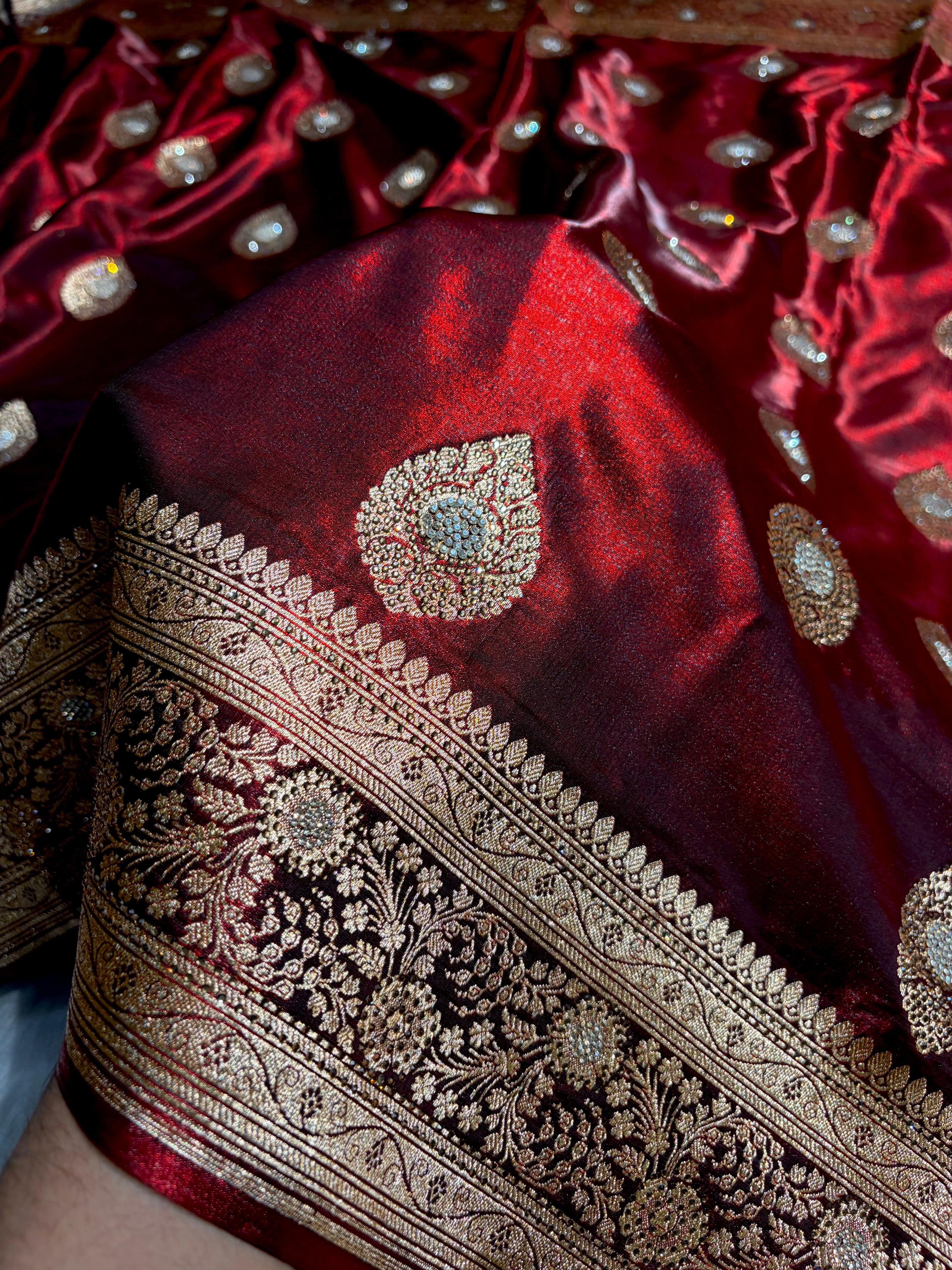 Maroon Shades Banarsi Satin Silk Boota with Stone Work BSS05