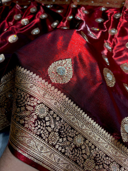 Maroon Shades Banarsi Satin Silk Boota with Stone Work BSS05