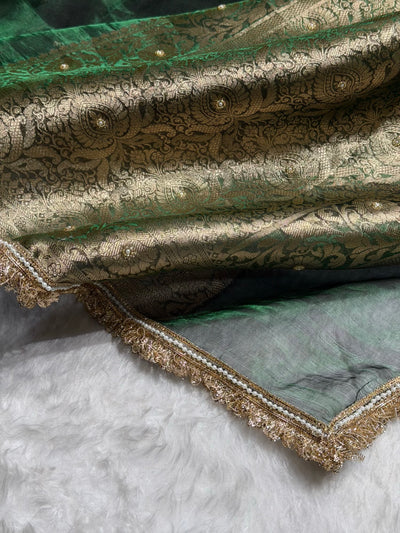 Bottle Green Shade Pure Tissue Silk Saree with Gota Patti BPTGP-17