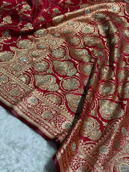 Satin Silk Saree Banarasi Swarovski Work Jaal in Maroon Shades BSS23 (R)