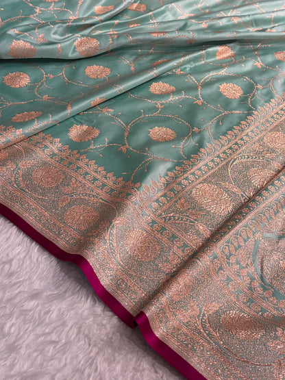 Sea Green Banarasi Jaal Satin Katan Silk Saree SK06