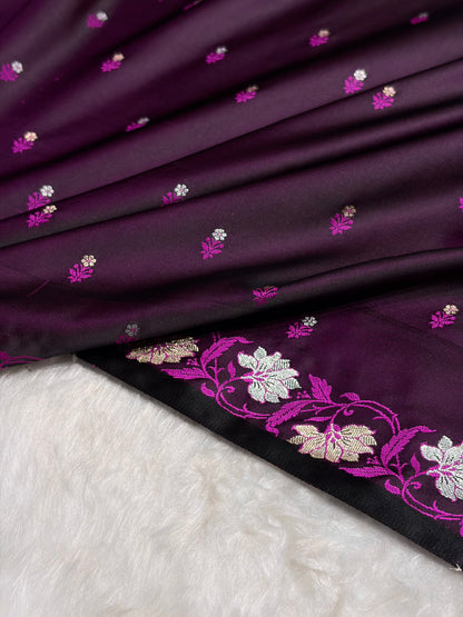 Wine Floral Boota With Floral Border Mashru Silk Saree MSM 78