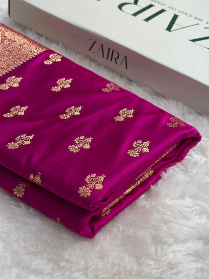 Banarasi Magenta Unique Boota Pattern Satin Katan Silk Saree SK68