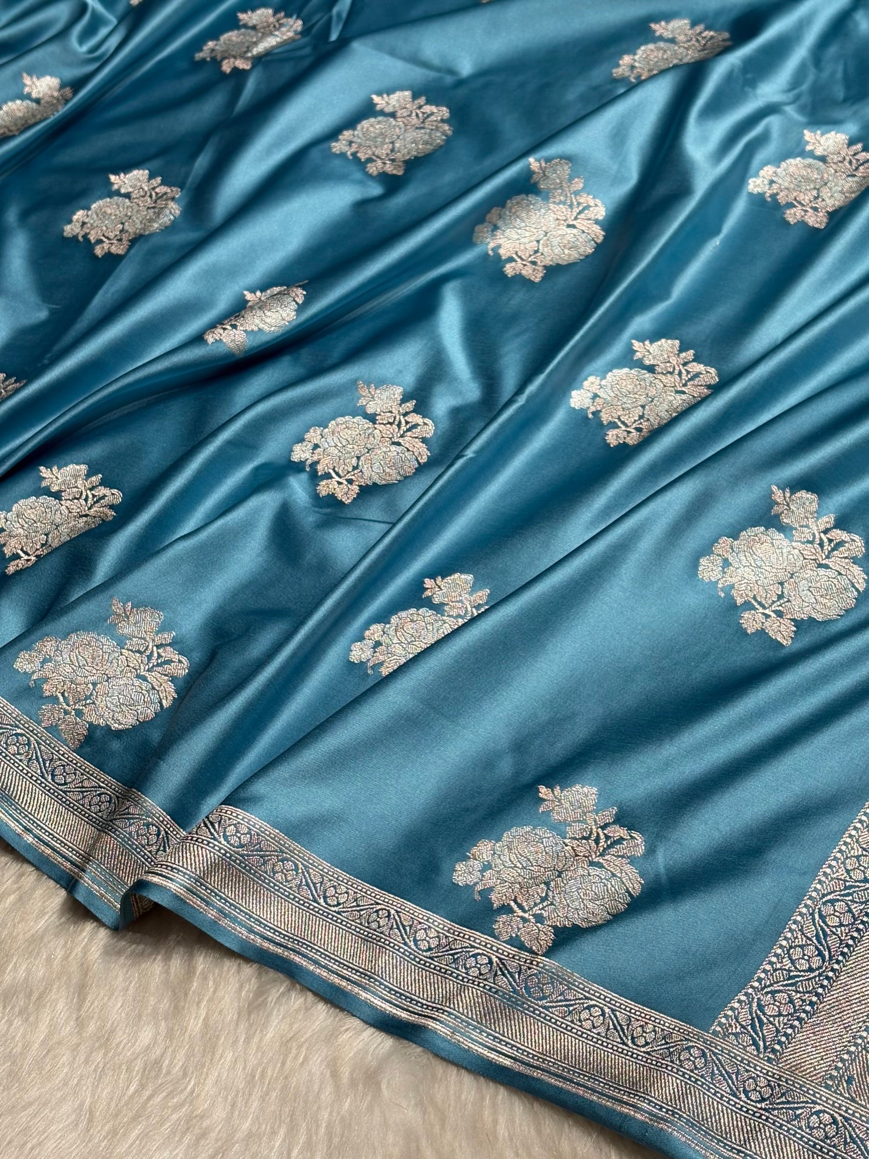 Sky Blue Sona Rupa Floral Motif Mashru Silk Saree MS50