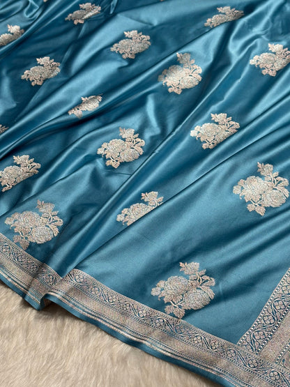Sky Blue Sona Rupa Floral Motif Mashru Silk Saree MS50