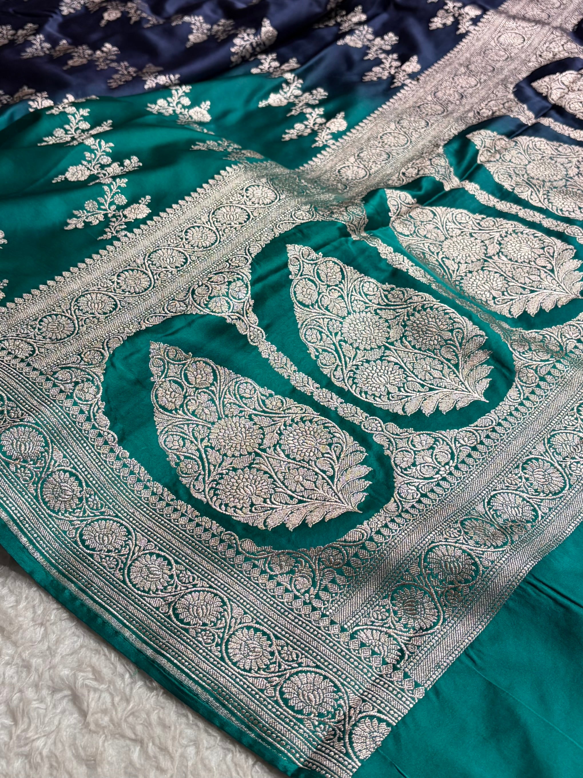Ombre Navy Blue - Peacock Green Mashru Silk Saree MS01