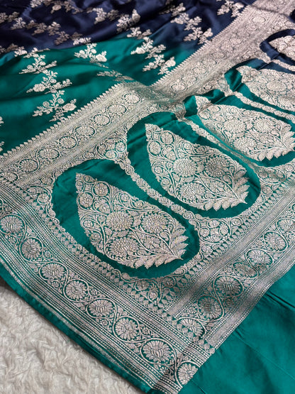 Ombre Navy Blue - Peacock Green Mashru Silk Saree MS01
