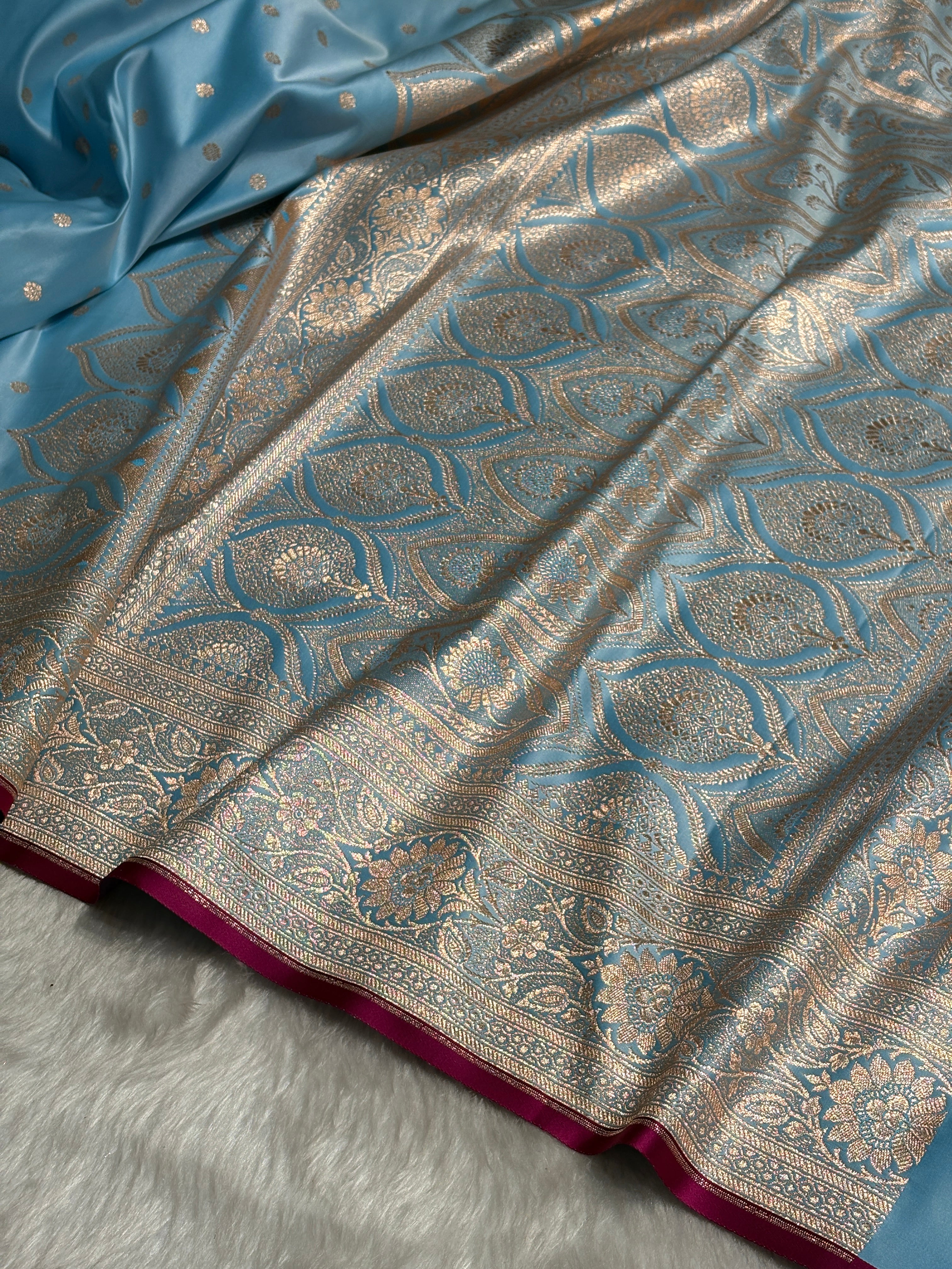 Sky Blue Booti Satin katan Silk Saree SK11