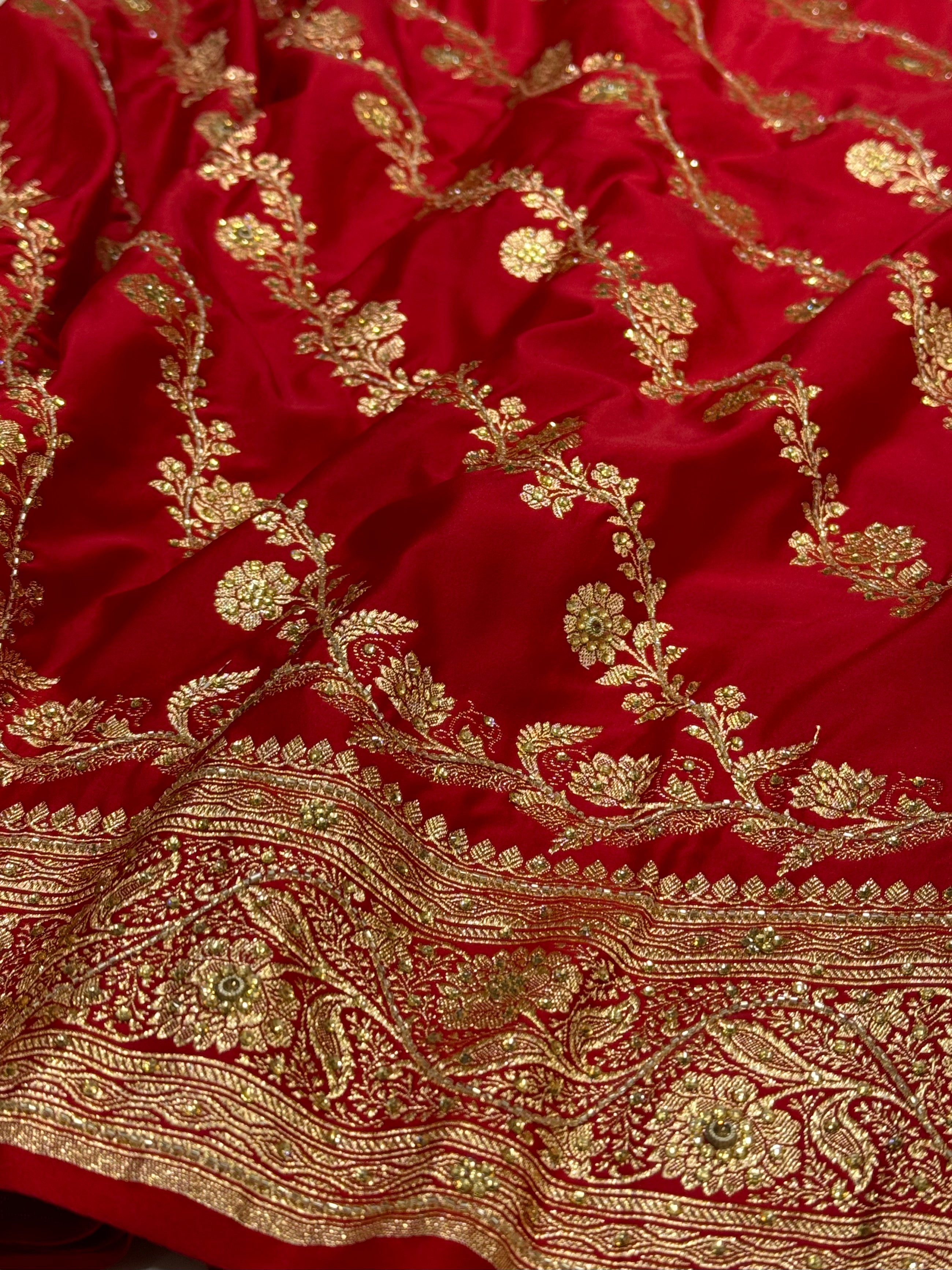 Bridal Red Katan Silk with Ari and Stone