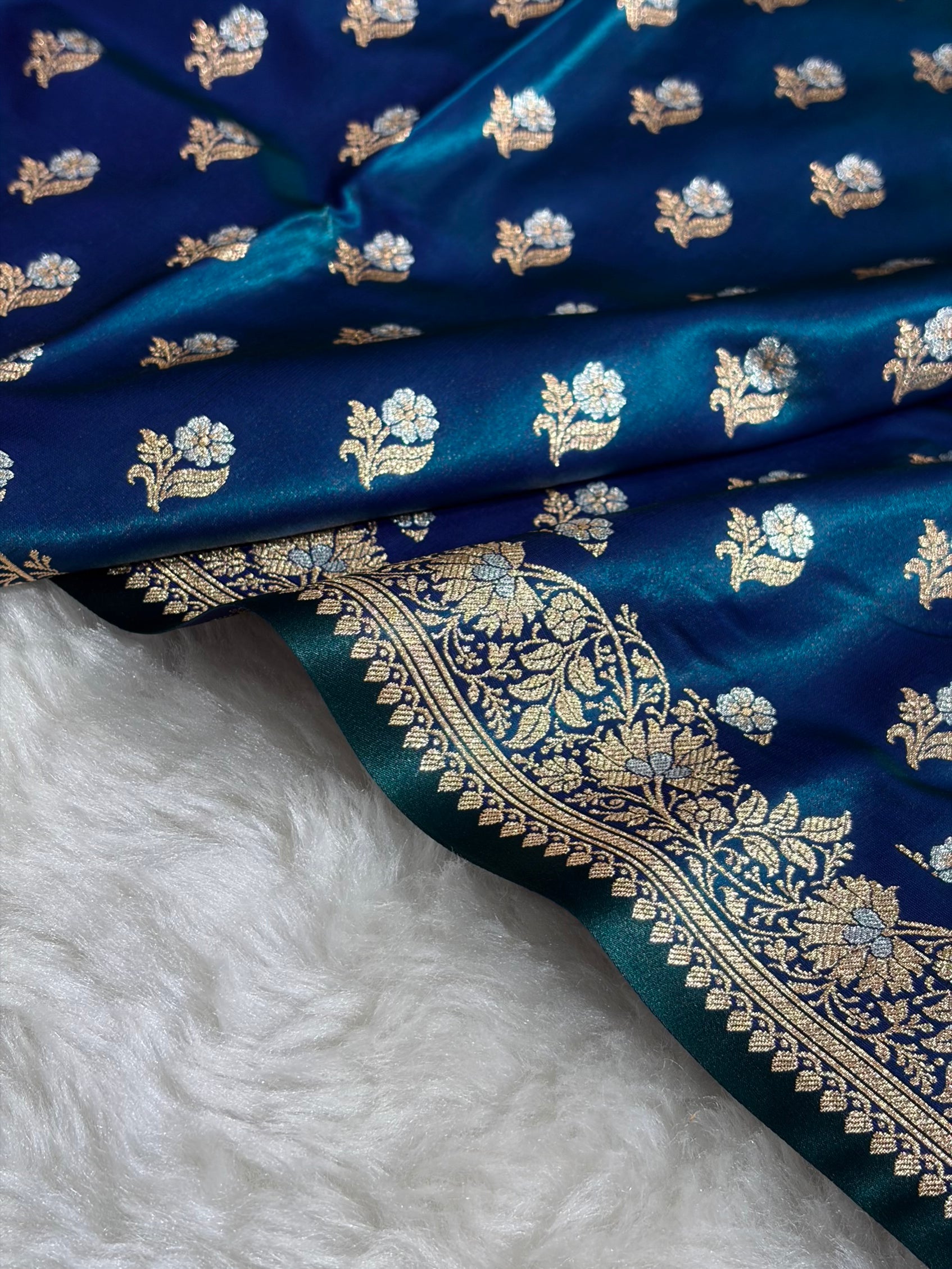 Banarasi Satin Silk Meena Boota in Peacock Shades SS38