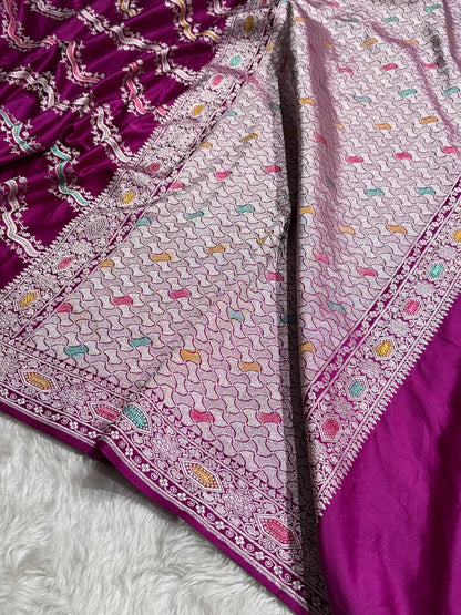 Banarasi Minakari Cross Pattern in Wine Shades Floral Mashru Silk Saree MCS93