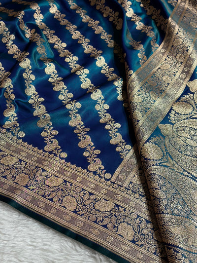 Banarasi Peacock Shades Cross Pattern Banarasi Satin Silk Saree SS51