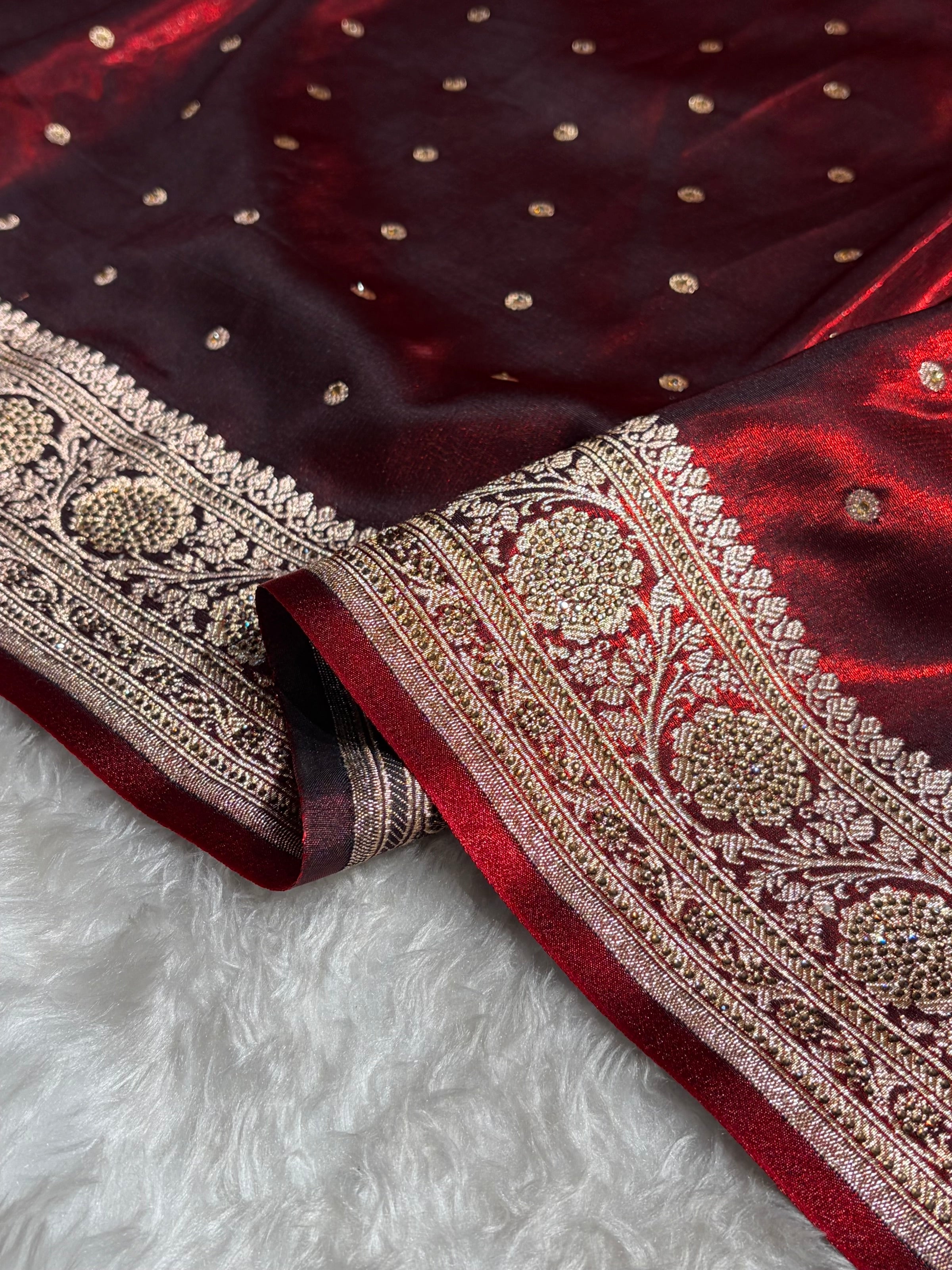 Banarasi Satin Silk Dot Booti in Maroon Shades withSwarovski work BSS08