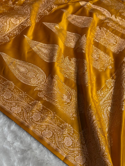 Banarasi Satin Katan Saree Jaal Pattern In Mustard Shades SK133