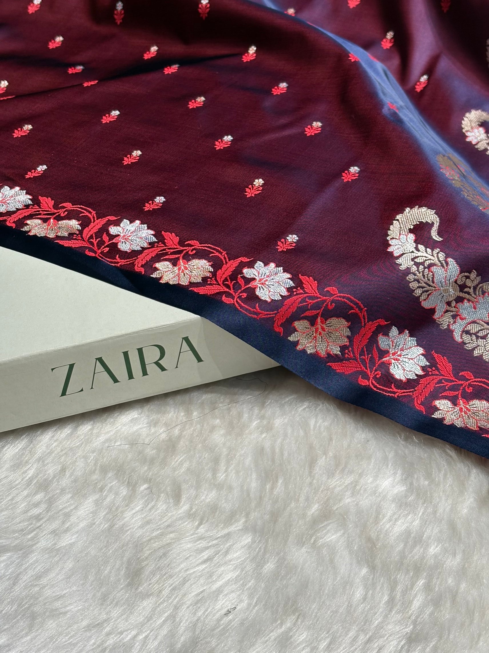 Reddish Navy Floral Boota With Floral Border Mashru Silk Saree MSM 78