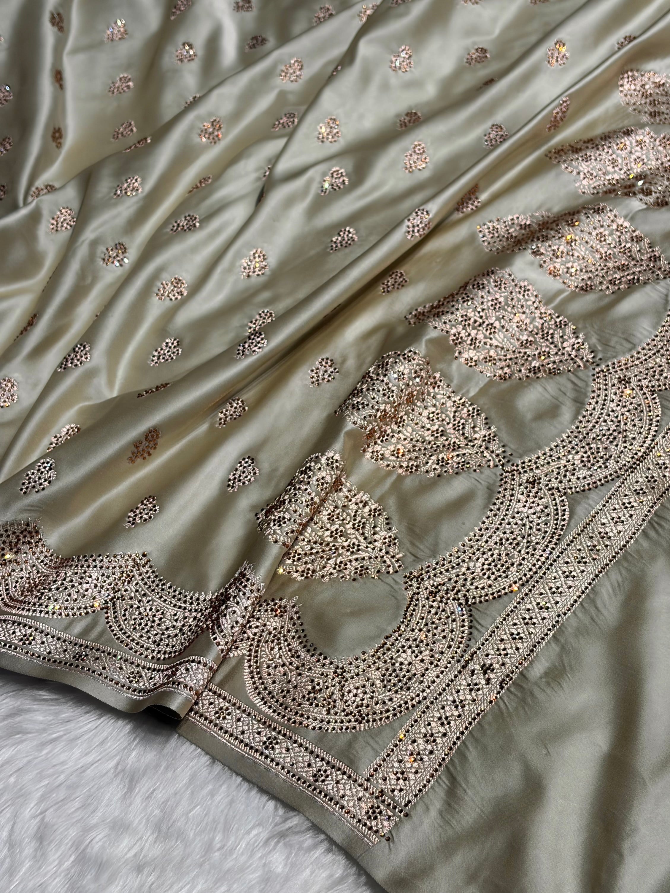 Light Pista Scallop Mashru Silk with Swarovski work BMS02