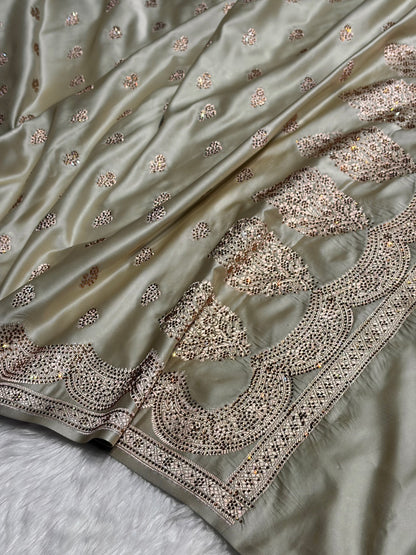 Light Pista Scallop Mashru Silk with Swarovski work BMS02