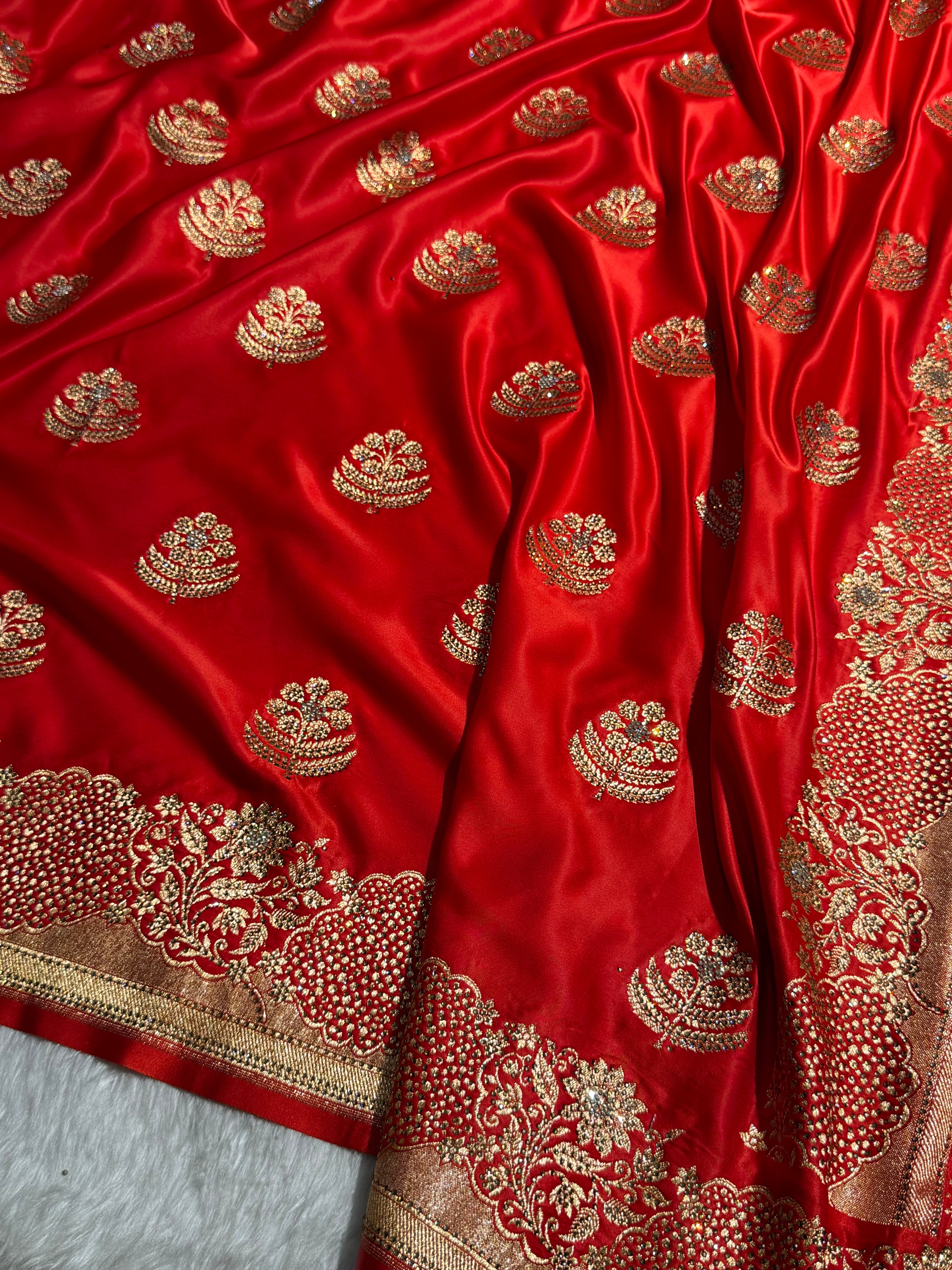 Bridal Red Unique Swarovski Stone Work Boota Pattern Satin Katan Silk Saree BSK70