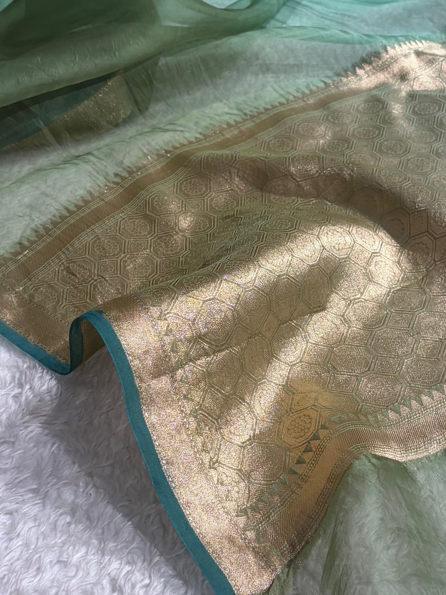 Ombre Pure Organza Sea Green Banarasi Silk Saree PO-01