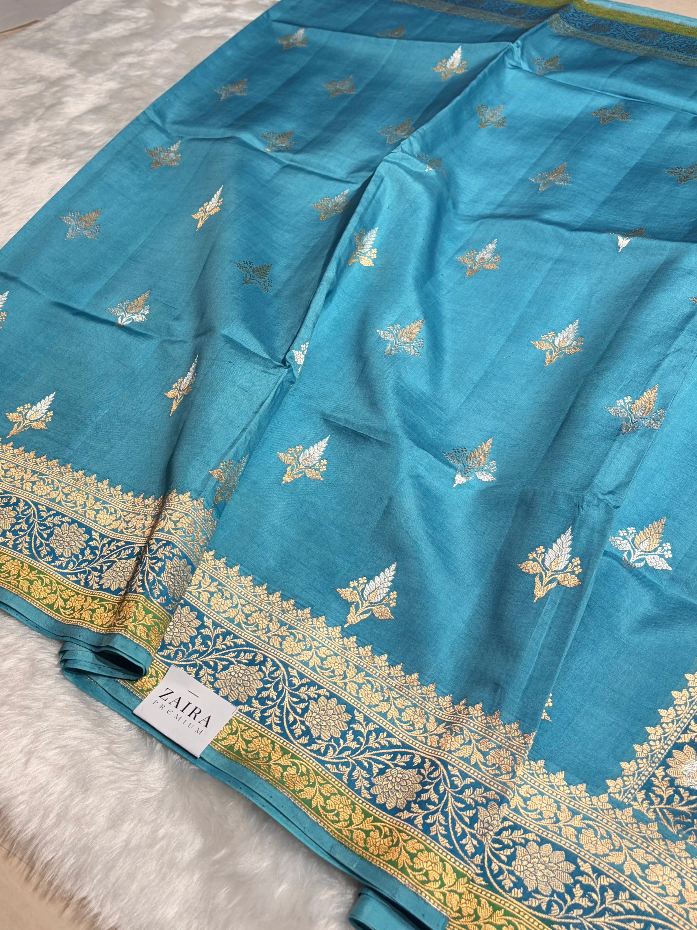 Firozi Shades Boota Handwoven Pure Katan Raw Mango Silk RM-18