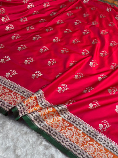 Banarasi Cross Red With Contrast Orange Floral Border Mashru Silk Saree MSM-100