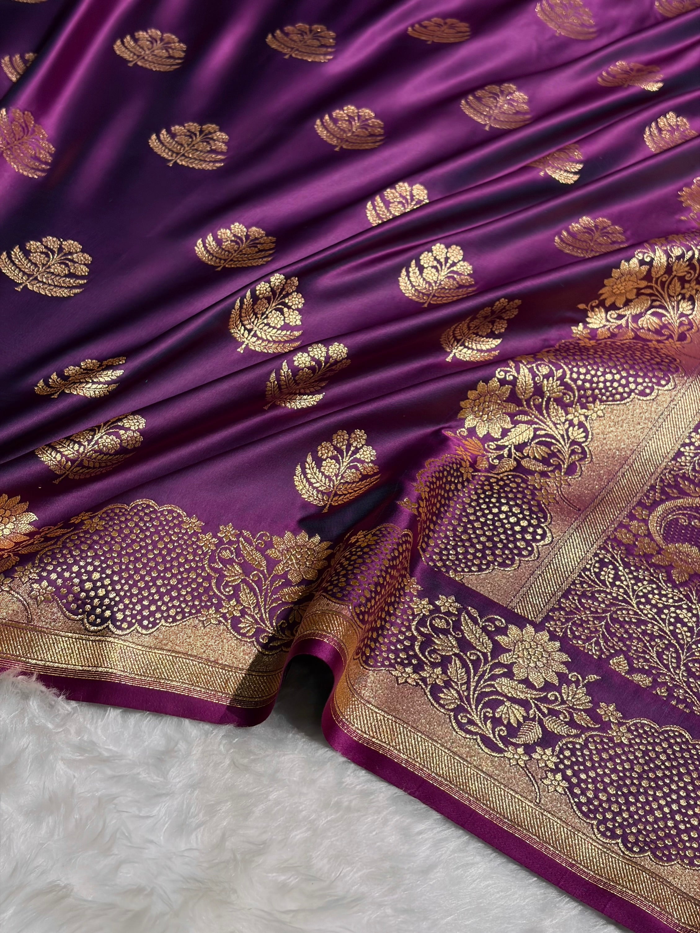 Wine Unique Boota Pattern Satin Katan Silk Saree SK70