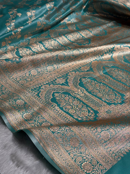 Sea Blue Shades Banarasi  Cross Jaal Satin Silk Saree SS11