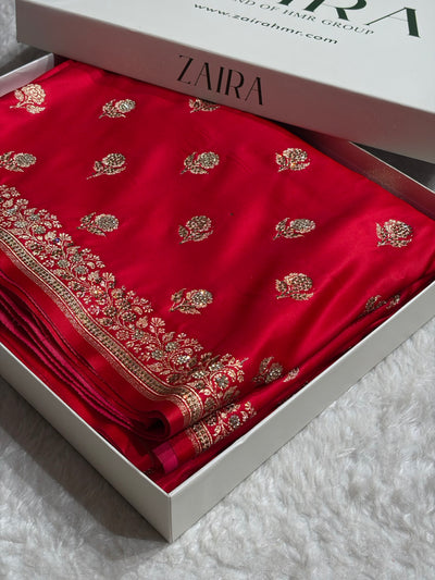Banarasi Cross Red Floral Booti With Swarovski Work Katan Silk Saree BSK23