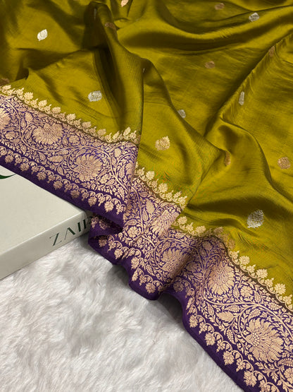 Contrast Mehendi With Purple Boota Handwoven Pure Katan Raw Mango Silk RM-33