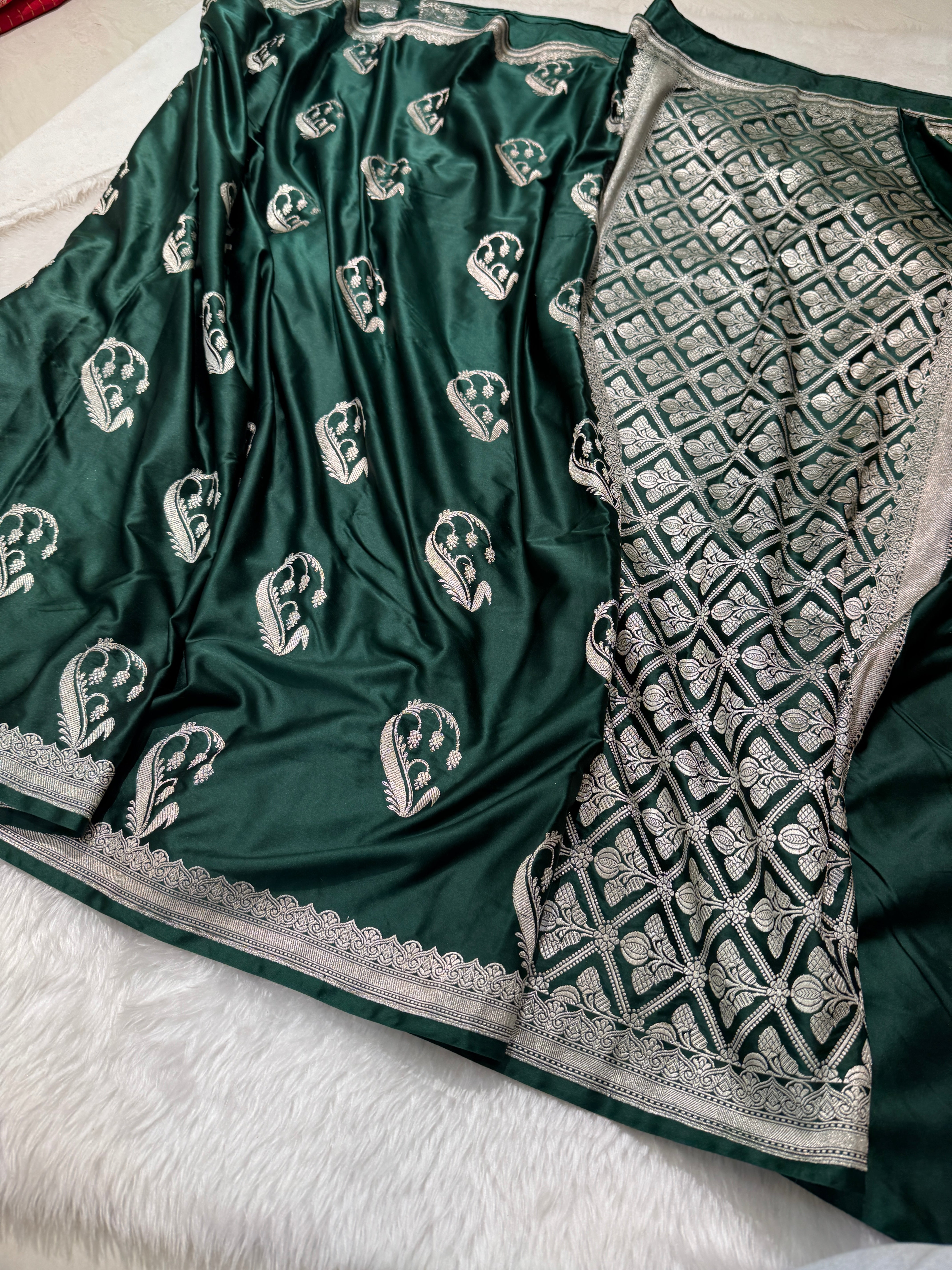 Unique Motif Bottle Green Mashru Silk Saree